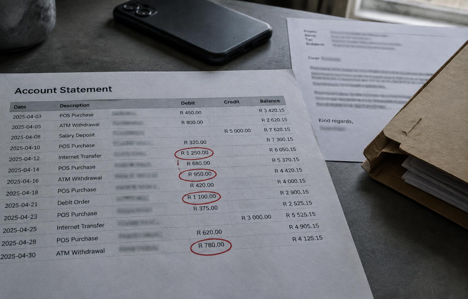 A printed bank account statement on a desk with several debit transactions circled in red marker, beside a smartphone, a printed letter and an open case-file folder.