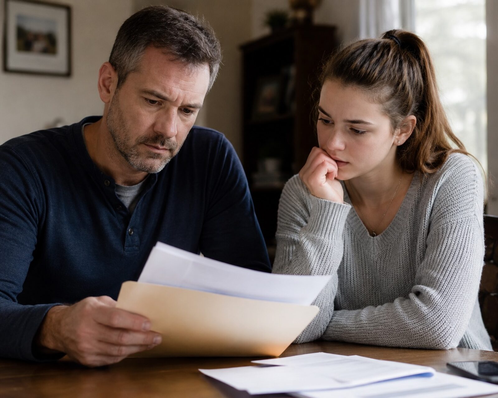 A father and daughter reviewing legal paperwork at home without professional help.